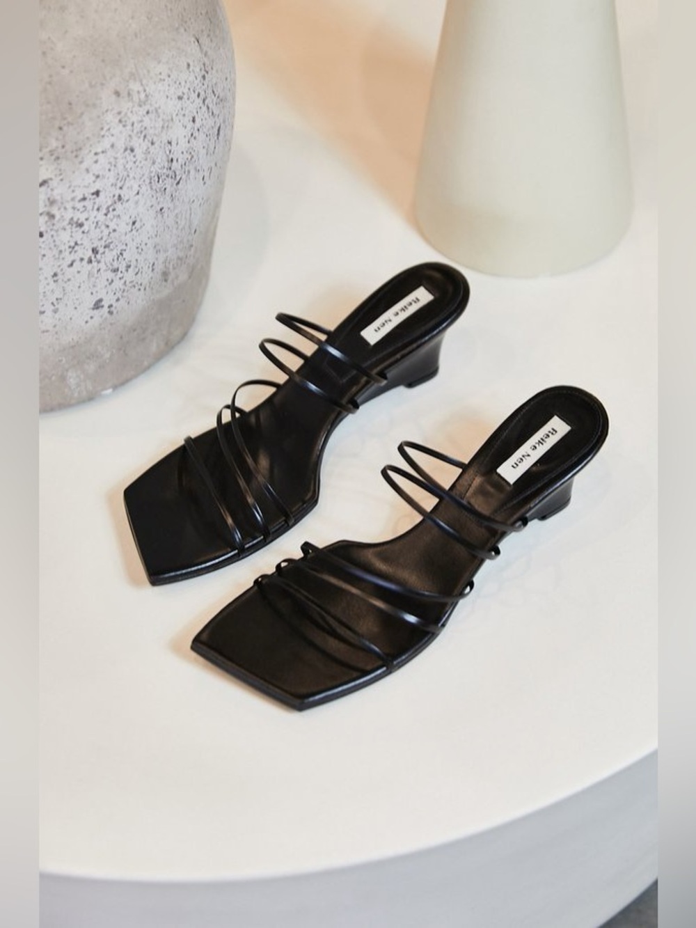 New REIKE NEN 5 strap black leather wedge heels modern minimalism 90s 7.5 37 1/2